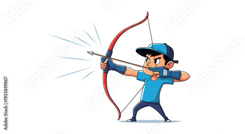 Skillful young archer aiming a bow and arrow with focus and determination while wearing a blue shirt and a baseball cap.