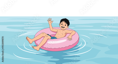 Happy young boy floating on a pink inflatable inner tube in calm blue water while waving his hand during summer break.