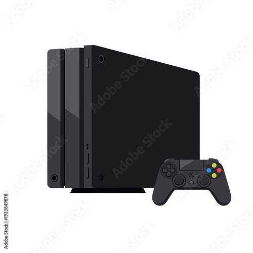 Modern gaming console and controller on a plain background, showcasing sleek design