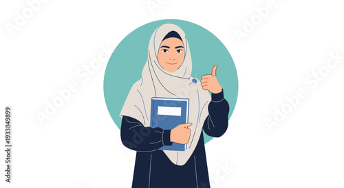 Confident Muslim girl wearing a hijab and holding a blue book while giving a thumbs up gesture for success in education.