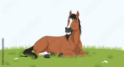 Beautiful brown horse with a white face marking lying down comfortably in a green grassy field under a bright clear sky.