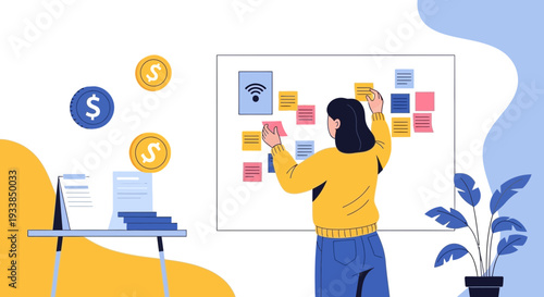 Businesswoman planning project with sticky notes on whiteboard, coins and documents