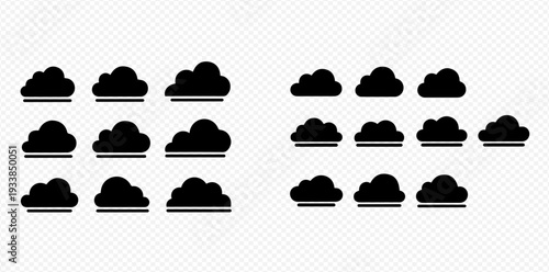 Set of black cloud icons with flat design style, isolated on transparent background.
