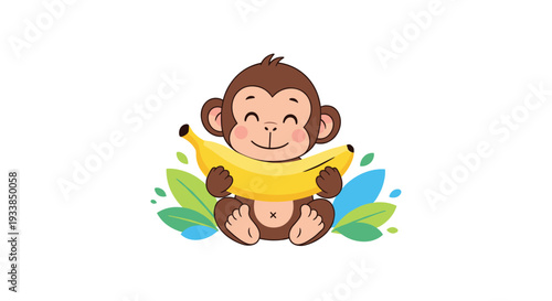 Adorable baby monkey sits comfortably and hugs a giant yellow banana with a joyful expression surrounded by green leaves.