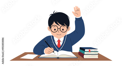 Diligent young student sitting at his school desk raises his hand to answer a question while writing in his notebook.