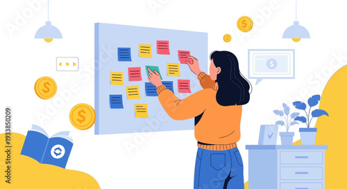 Woman planning tasks on a sticky note board, business strategy, finance, work, ideas