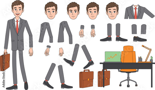Cartoon office worker character animation kit, business professional in suit with briefcase, desk setup, laptop, chair, customizable parts