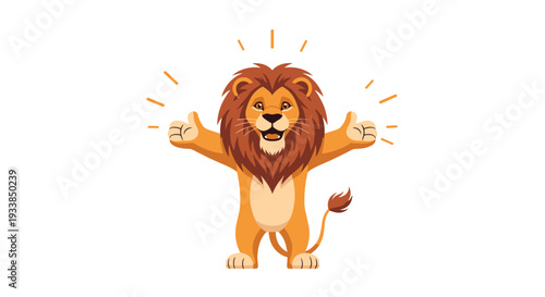 Friendly king of the jungle lion stands with its arms open wide in a welcoming gesture of warmth and big embrace.