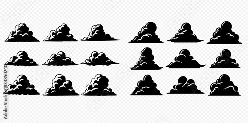 Set of dark cloud silhouettes for weather and sky designs, isolated on transparent background.