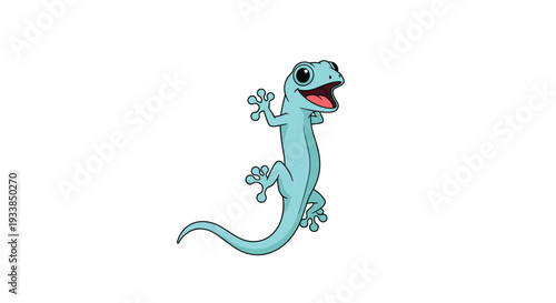 Cheerful blue gecko with sticky feet climbs a vertical surface with its mouth open in a happy and playful expression.