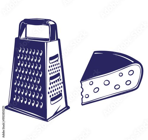 Vector illustration of a grater and a cheese wedge isolated on a white background