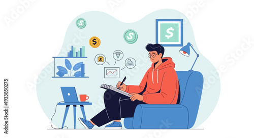 Young man working from home, planning finances and investments