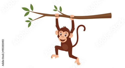 Playful brown monkey swings joyfully while hanging from a green leafy tree branch with a happy smiling face.