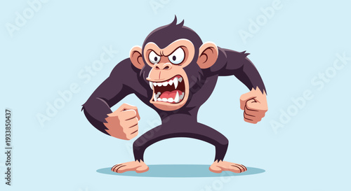 Furious dark chimpanzee stands in an aggressive posture with clenched fists and bared teeth showing great anger.
