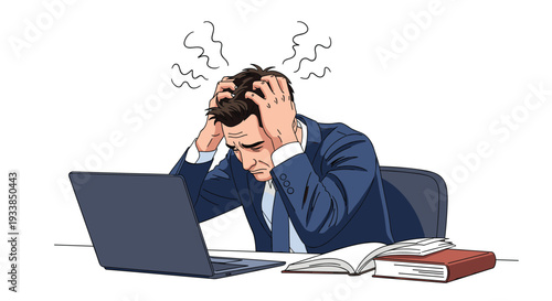 Stressed businessman sitting at his office desk with a laptop holds his head in his hands due to a headache or work pressure.