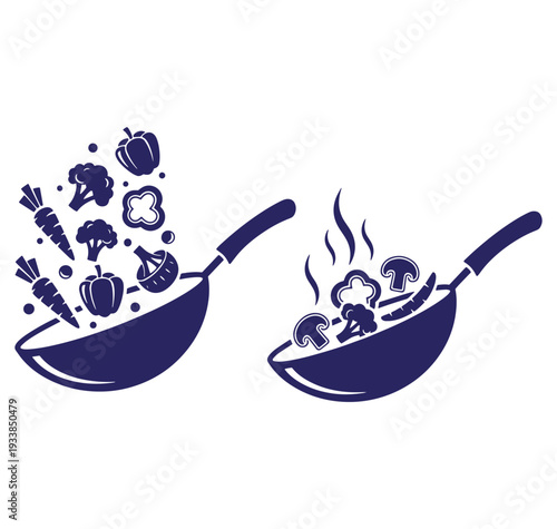 Vector illustration of cooking vegetables in a wok pan for culinary or food related concepts