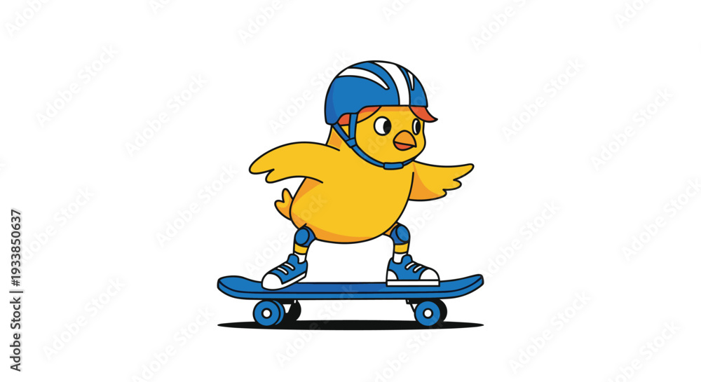 Fototapeta premium Cute yellow baby chick wears a blue helmet and knee pads while balancing on a blue skateboard for a fun sporting activity.