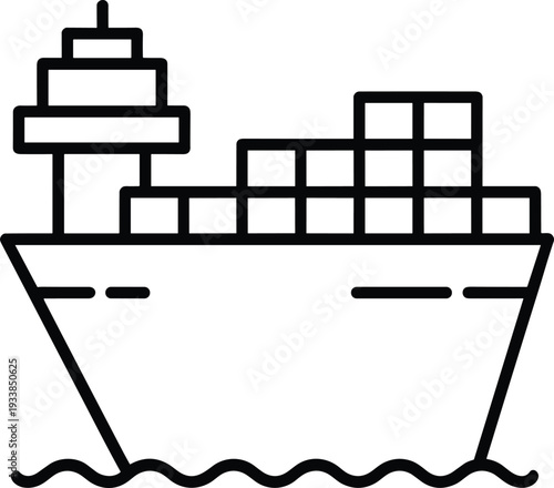 Container cargo ship line icon vector illustration, freight vessel with stacked containers isolated on white background maritime transport