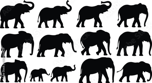 Elephant silhouette collection set, walking safari wildlife animals isolated on white background design bundle, flat vector illustration