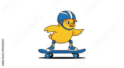 Cute yellow baby chick wears a blue helmet and knee pads while balancing on a blue skateboard for a fun sporting activity.
