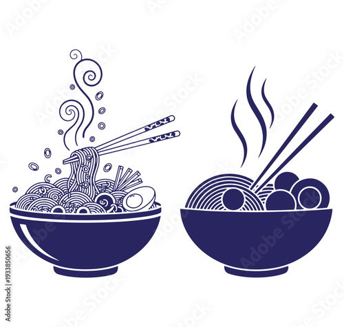 Vector illustration of two bowls of delicious japanese ramen with chopsticks and steam