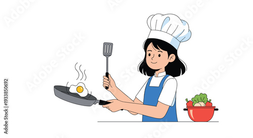 Happy female chef in a white hat and blue apron flips a sunny side up egg in a frying pan while holding a spatula in a kitchen.