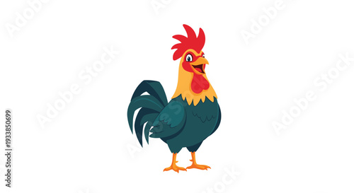 Proud and colorful rooster with dark green feathers and a bright red comb stands tall and crows happily on a white background.