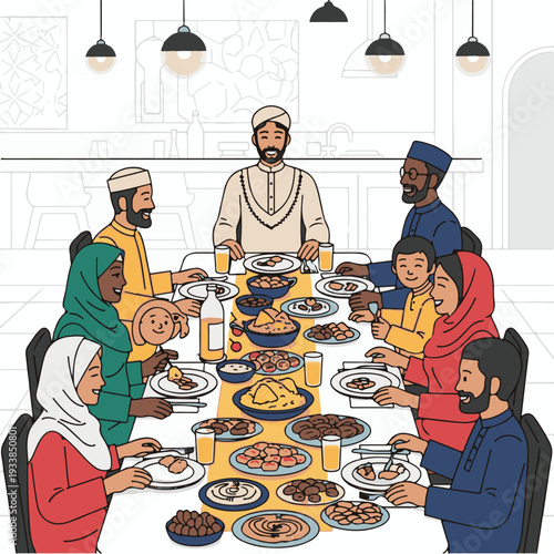 Muslim family eating food together.
