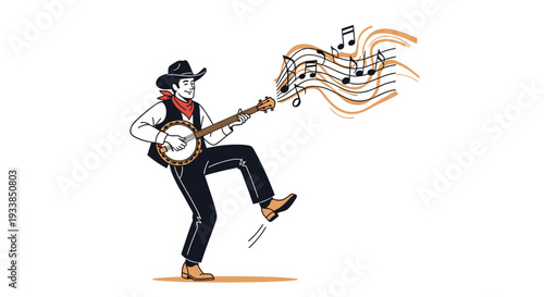 Smiling cowboy in traditional western attire plays a banjo and dances while musical notes flow from the instrument in a lively scene.