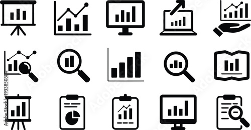 Business data and analytics icon set featuring bar charts, line graphs, magnifying glasses, presentation screens, clipboards, laptops, and financial reports.