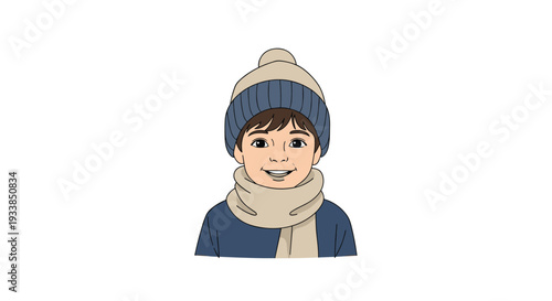 Portrait of a young boy with brown hair wearing a blue and beige knitted winter hat and matching scarf looking warmly at the camera.