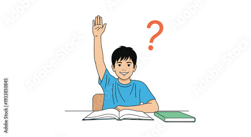 Young male student sits at his desk with an open book and raises his hand to ask a question as a question mark floats above him.