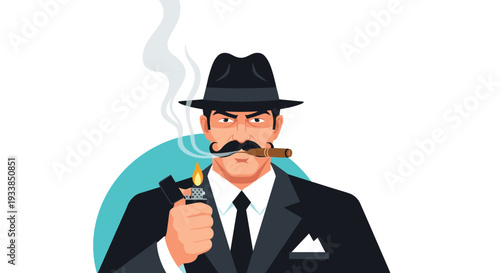 Serious man in a black suit and fedora hat smokes a large cigar while holding a lit silver lighter in his hand against a blue circle.