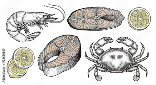 Seafood and Lemon Vintage Engraving