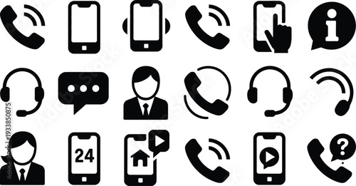 Mobile customer service icon collection with smartphone displays, telephone handsets, support agents, headsets, chat bubbles, and twenty four hour help icons.