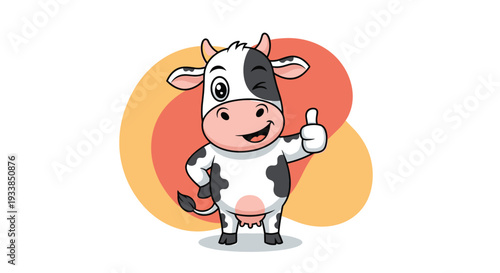 Friendly black and white spotted cow with a pink nose winks and gives a thumbs up sign against a colorful orange and red background.