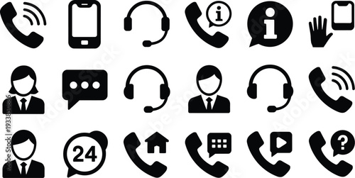 Customer service and communication vector icon set featuring call center agents, headsets, telephones, mobile devices, twenty four hour support, and chat.