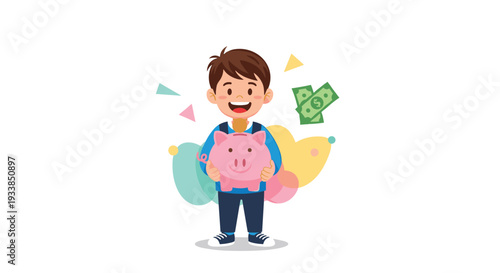 Smiling young boy wearing a blue sweater proudly holds a large pink piggy bank with money symbols and colorful shapes behind him.