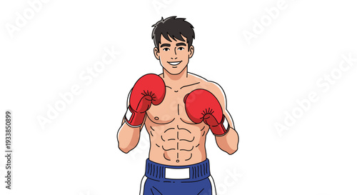 Fit male boxer wearing red gloves and blue shorts stands in a fighting stance with a confident smile on his face against white background.