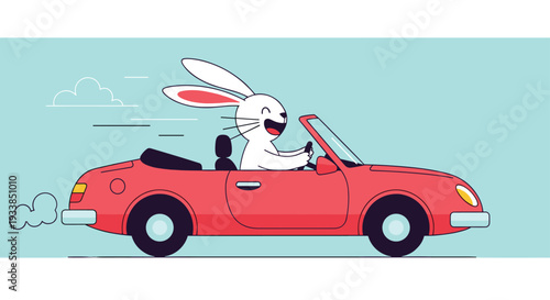 Happy white rabbit with long ears drives a red convertible car at high speed with a large smile on its face on a blue background.