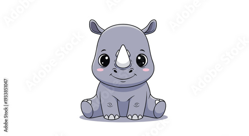 Adorable baby rhinoceros with a small white horn and pink cheeks sits comfortably on the ground against a white background.