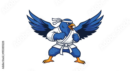 Powerful blue bird mascot character wearing a white karate uniform and headband in a fighting stance with its wings spread like arms.