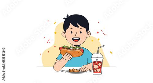Happy young boy sitting at a table and enjoying a large hot dog with a red beverage in a cup next to a small plate of food items.