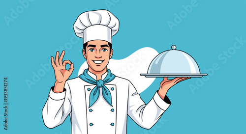 Cheerful male chef in a traditional white uniform and hat holding a silver cloche platter and making an okay sign with his fingers.