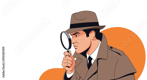 Serious detective in a brown trench coat and fedora hat looking through a magnifying glass against an orange and white background.
