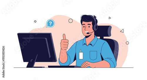 Male customer service representative wearing a headset and giving a thumbs up while working at a computer in a modern office setting.