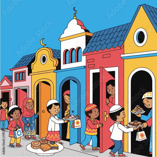 Muslim people exchanging food during Ramadan.