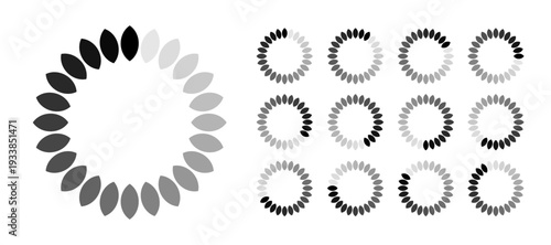 Minimalist circular loading buffering icon set with petal style progress status for digital UI UX interface design.