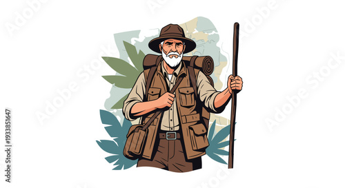 Experienced elderly hiker with a white beard wearing a hat and backpack holding a wooden walking stick against a leaf background.