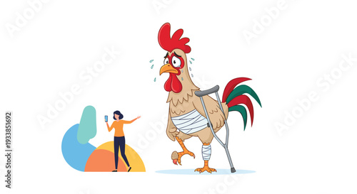 Injured rooster walking on crutches with heavy body bandages while a woman captures the unusual moment on her smartphone camera.